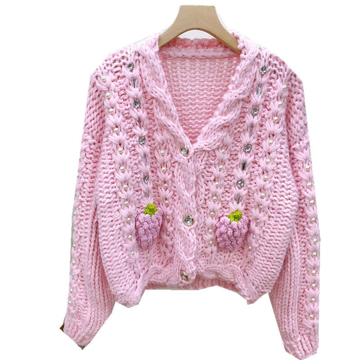 Pink three-dimensional strawberry hand woven rod needle nail bead loose sweater top jacket for women