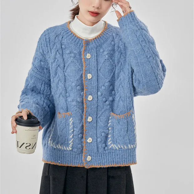 Preppy Style Women's Sweater Jacket Autumn  Winter Clothes Tops O Neck Single Breasted Open Line Pocket Design