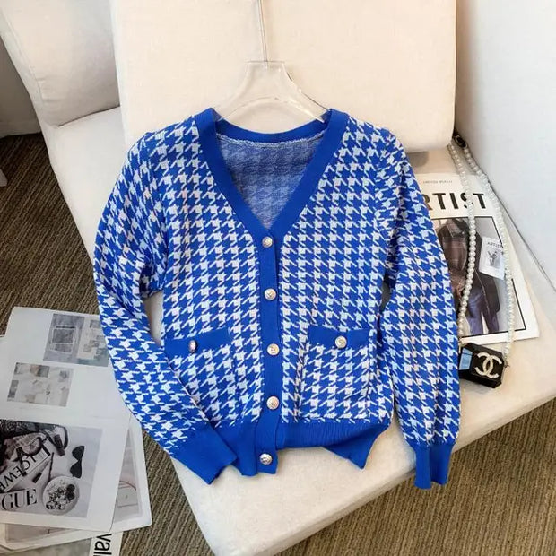 Houndstooth V-neck Sweater Cardigan Women Korean Vintage Elegant Fashion Knitwear Tops Long Sleeve Single-breasted