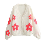 Fashionable flower jacquard V-neck single breasted long sleeved knitted cardigan jacket