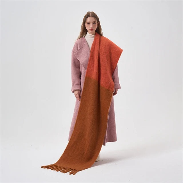 Simple color blocking soft touch plush scarf thickened and lengthened imitation cashmere shawl student windproof scarf for women