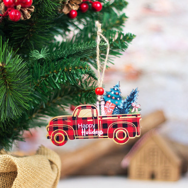 Christmas Decorations Wooden Plaid Car Santa Claus Christmas Tree Hanging Decorations Colorful Christmas Wooden Pendants