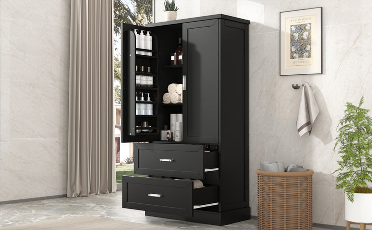 Tall Bathroom Storage Cabinet, Cabinet with Two Doors and Drawers, Adjustable Shelf, MDF Board, Black