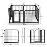 8-panel dog fence, 24 inch small dog pet fence, portable indoor pet game fence. Black, 22.2 inches wide x 23.6 inches high.