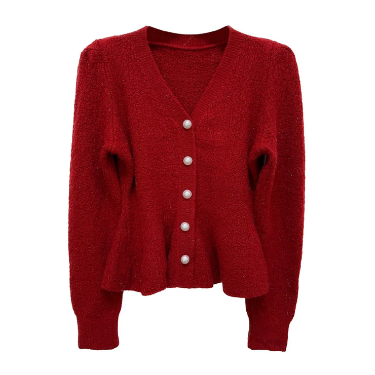 Stylish Elegant Thicken Knit Cardigan Sweater Women Pearl Buttons V-neck Long Sleeve Knitwear Tops   Spring Fashion Jumpers