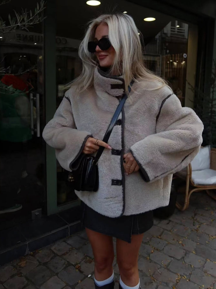 Color blocked fleece loose short jacket flight jacket for women - Follow yourDream
