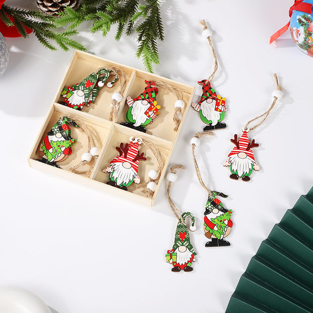 Christmas Painted Wooden Pendant Santa Claus Gift Christmas Tree 12pcs