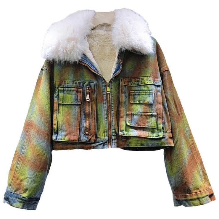 Hand drawn woolen collar denim jacket by Heavy Industry women's American style spicy girl with fleece short denim jacket