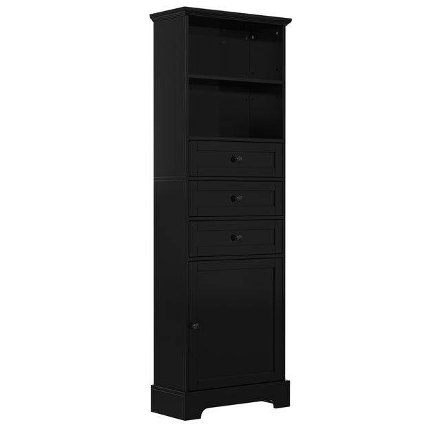 Black high storage cabinet with 3 drawers and adjustable shelves, MDF board painted