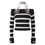 Rock Navy style shirt collar design, nail bead buckle, black and white striped off shoulder knit sweater