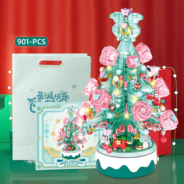 Christmas Gift Crystal Lights Christmas Tree Rotating Music Box Assembled Toy Small Particle Building Blocks