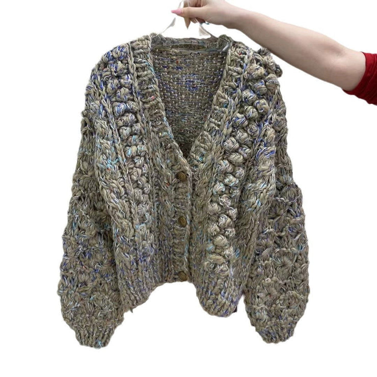 Cardigan coarse needle cotton three-dimensional embroidered jacket sweater - Follow yourDream