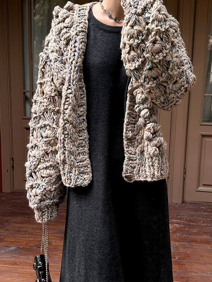 Cardigan coarse needle cotton three-dimensional embroidered jacket sweater - Follow yourDream