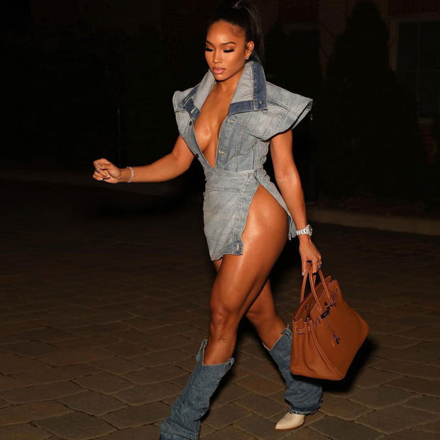 Casual street style sleeveless high slit denim skirt set - Follow yourDream