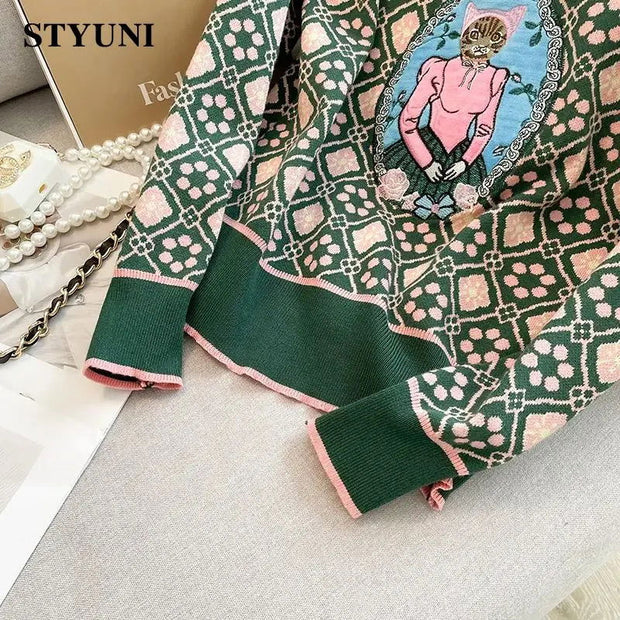 Cat Cartoon Embroidery Plaid O-Neck Long Sleeve Acrylic Knitted Women's Sweater Korean Fashion Pullover Sweaters Autumn Winter - Follow yourDream