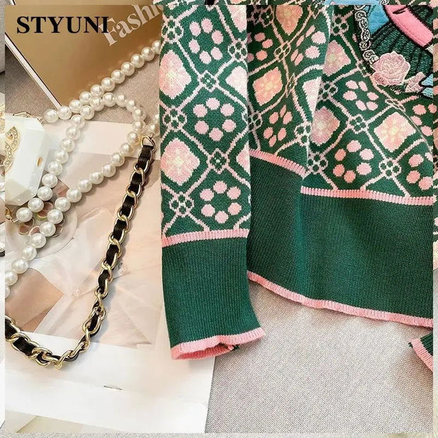 Cat Cartoon Embroidery Plaid O-Neck Long Sleeve Acrylic Knitted Women's Sweater Korean Fashion Pullover Sweaters Autumn Winter - Follow yourDream