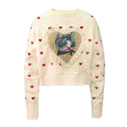 Cat Heart Jacquard Knit Sweater Pullover Women Spring Long Sleeve O-neck Tops Knitwear Stylish Fashion Chic Ladies Jumpers - Follow yourDream