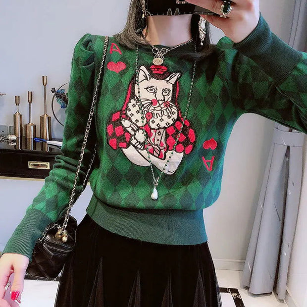 Cat diamond grid sweater women's loose long sleeved round neck new pullover base knit sweater - Follow yourDream