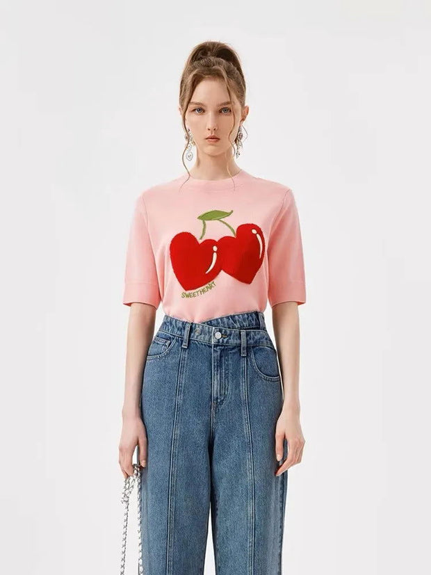 Cherry Jacquard Sweater Women Knit Pullover T-shirts 2024 Summer Short Sleeve Casual Female Tees Tops Fashion Ladies Knitwear - Follow yourDream