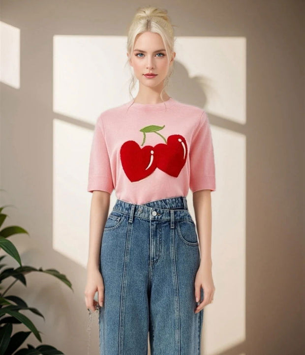 Cherry Jacquard Sweater Women Knit Pullover T-shirts 2024 Summer Short Sleeve Casual Female Tees Tops Fashion Ladies Knitwear - Follow yourDream