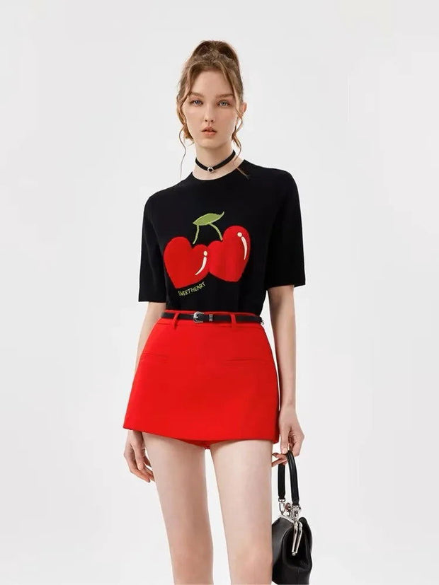 Cherry Jacquard Sweater Women Knit Pullover T-shirts 2024 Summer Short Sleeve Casual Female Tees Tops Fashion Ladies Knitwear - Follow yourDream