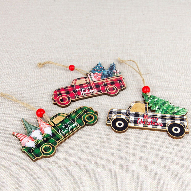 Christmas Decorations Wooden Plaid Car Santa Claus Christmas Tree Hanging Decorations Colorful Christmas Wooden Pendants - Follow yourDream