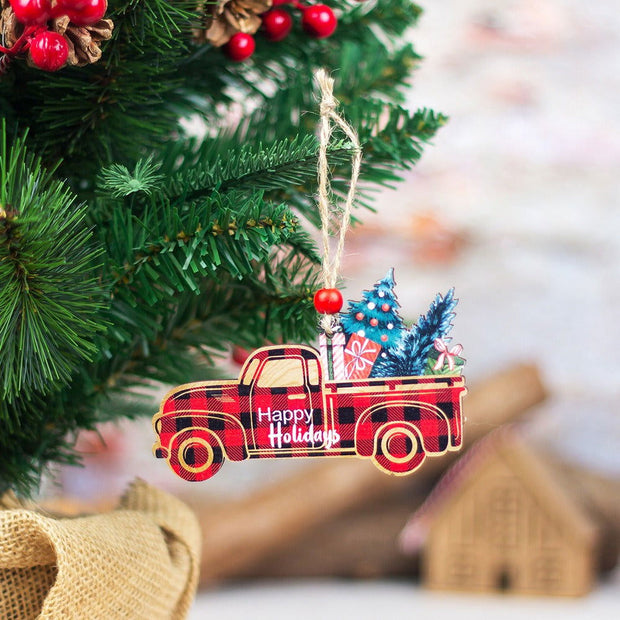 Christmas Decorations Wooden Plaid Car Santa Claus Christmas Tree Hanging Decorations Colorful Christmas Wooden Pendants - Follow yourDream