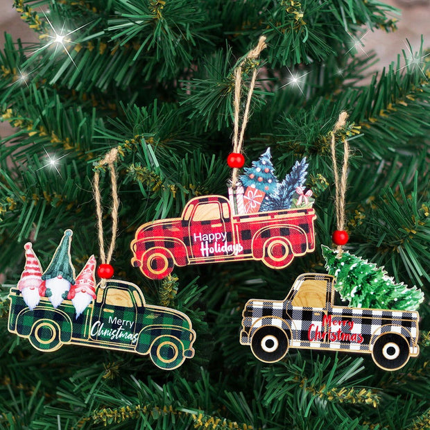 Christmas Decorations Wooden Plaid Car Santa Claus Christmas Tree Hanging Decorations Colorful Christmas Wooden Pendants - Follow yourDream