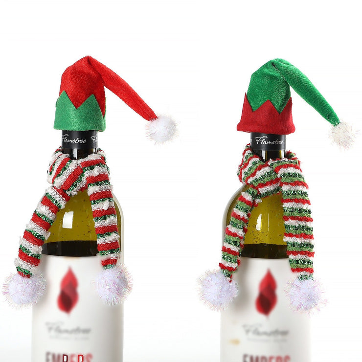Christmas decoration red wine bag red wine bottle decoration yarn elf hat striped knitted scarf wine bottle cover - Follow yourDream