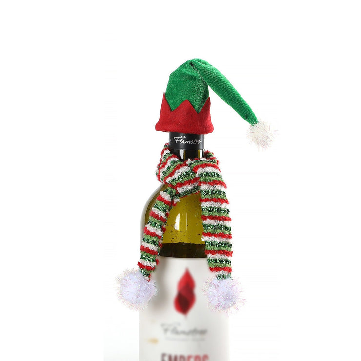 Christmas decoration red wine bag red wine bottle decoration yarn elf hat striped knitted scarf wine bottle cover - Follow yourDream