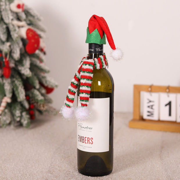 Christmas decoration red wine bag red wine bottle decoration yarn elf hat striped knitted scarf wine bottle cover - Follow yourDream