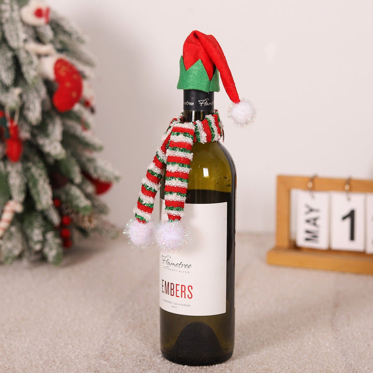 Christmas decoration red wine bag red wine bottle decoration yarn elf hat striped knitted scarf wine bottle cover - Follow yourDream