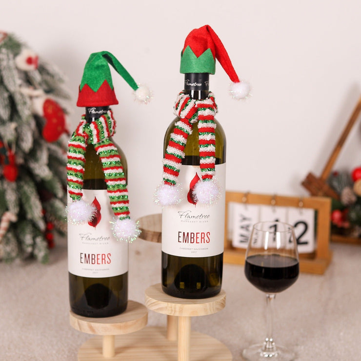 Christmas decoration red wine bag red wine bottle decoration yarn elf hat striped knitted scarf wine bottle cover - Follow yourDream