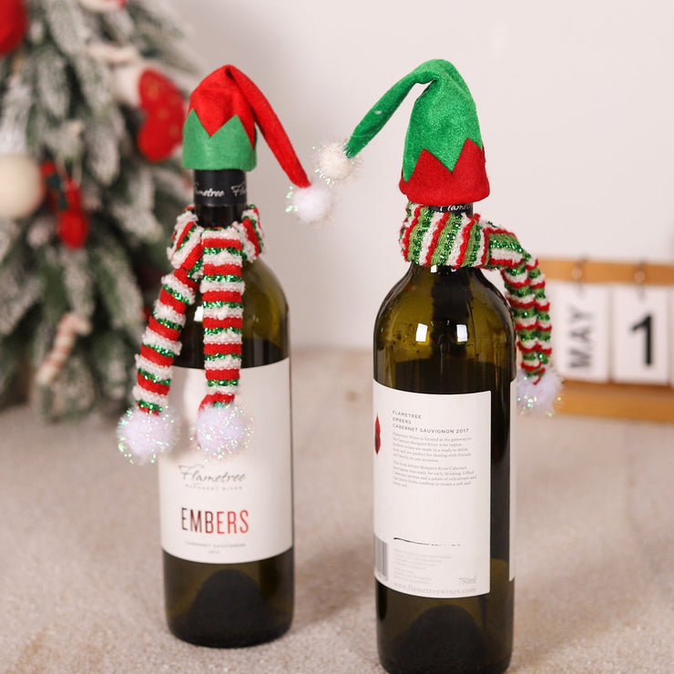 Christmas decoration red wine bag red wine bottle decoration yarn elf hat striped knitted scarf wine bottle cover - Follow yourDream