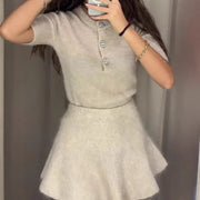 European and American temperament decoration button short sleeved sweater short skirt set private dress socialite