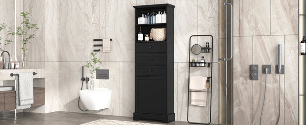 Black high storage cabinet with 3 drawers and adjustable shelves, MDF board painted