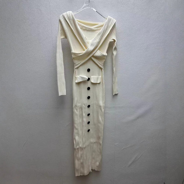 Autumn and winter new ivory white design long sleeved, hip hugging, one shoulder slim knit dress