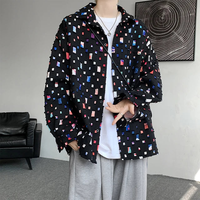 Cotton Hollow Out Shirt Men Oversized Colorful Plaid Shirt Men Streetwear Loose Long Sleeve Shirt Mens Hole Patch Shirts M-3XL - Follow yourDream