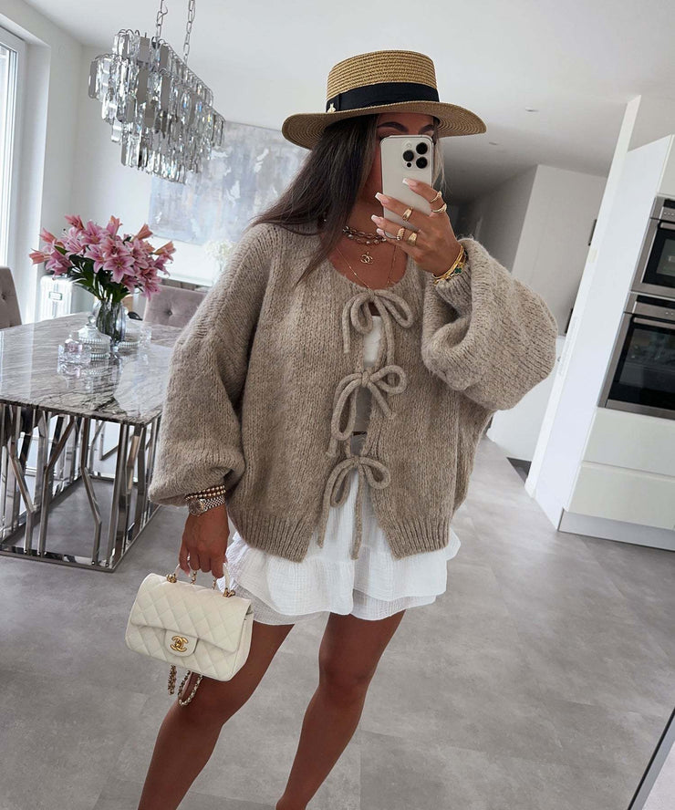 Round neck tie knitted cardigan jacket autumn and winter new style solid color commuting simple sweater for women