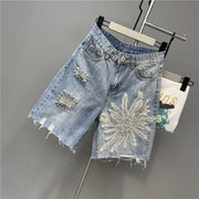 Heavy industry nail bead 3D three-dimensional flower hole shorts for women high waisted loose wide leg pants