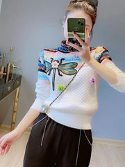 Retro knitted pullover with contrasting colors dragonfly embroidery ethnic style round neck sweater top