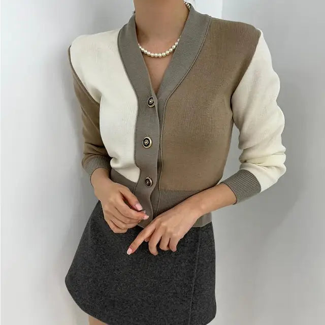 Autumn Winter Korean Cardigan Sweater Women V-neck Long Sleeve Knitwear Tops Elegant Fashion Color-blocking Ladies Jumper Mujer