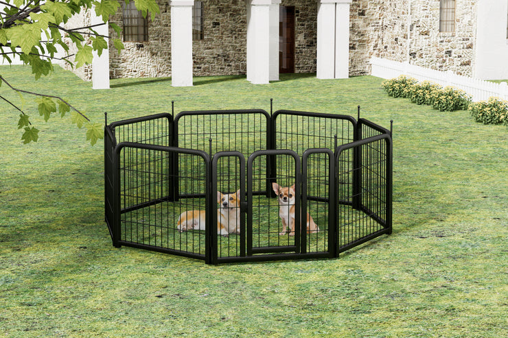 8-panel dog fence, 24 inch small dog pet fence, portable indoor pet game fence. Black, 22.2 inches wide x 23.6 inches high.