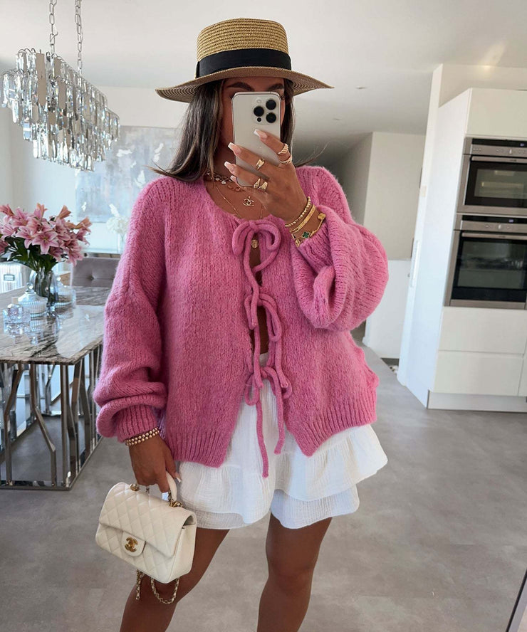 Round neck tie knitted cardigan jacket autumn and winter new style solid color commuting simple sweater for women