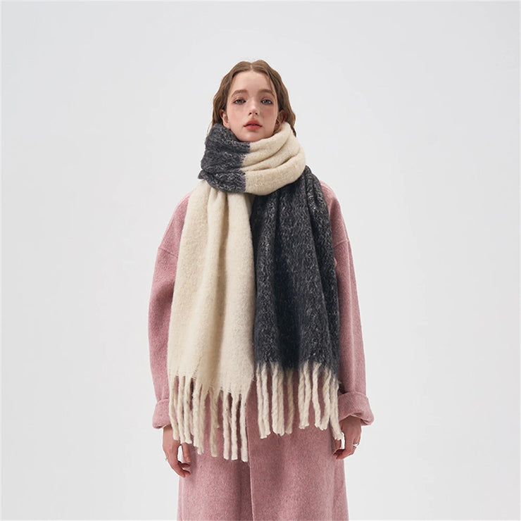 Simple color blocking soft touch plush scarf thickened and lengthened imitation cashmere shawl student windproof scarf for women