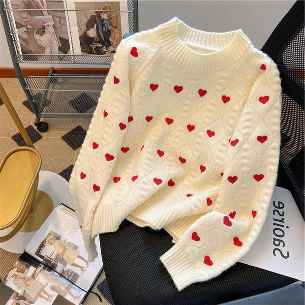 Round neck knitted sweater for women in autumn, embroidered with love, casual and versatile, sweet and stylish, long sleeved sweater for women