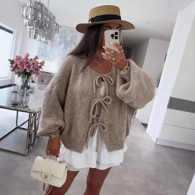 Round neck tie knitted cardigan jacket autumn and winter new style solid color commuting simple sweater for women