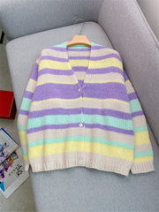 New retro dopamine striped V-neck sweater with lazy and gentle long sleeves, loose wool knit cardigan for women