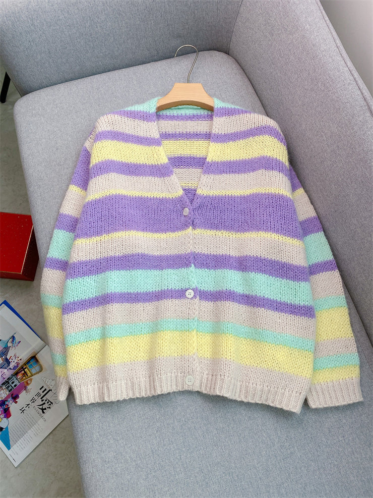 New retro dopamine striped V-neck sweater with lazy and gentle long sleeves, loose wool knit cardigan for women