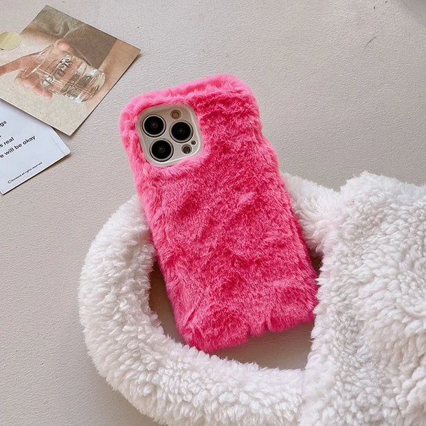 Ottwn Candy Color Warm Furry Phone Case For iPhone 11 12 13 Pro Max 14 Pro Max 14Plus Camera Lens Protection Soft TPU Back Cover